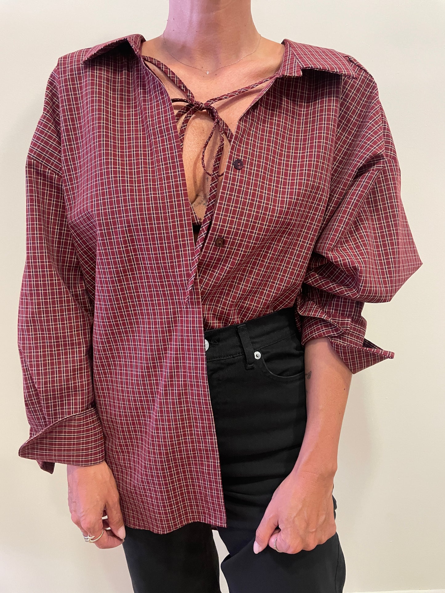 VICOLO - Camicia over con laccetto e top in tartan in misto cotone color tegola e blu