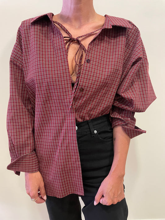 VICOLO - Camicia over con laccetto e top in tartan in misto cotone color tegola e blu