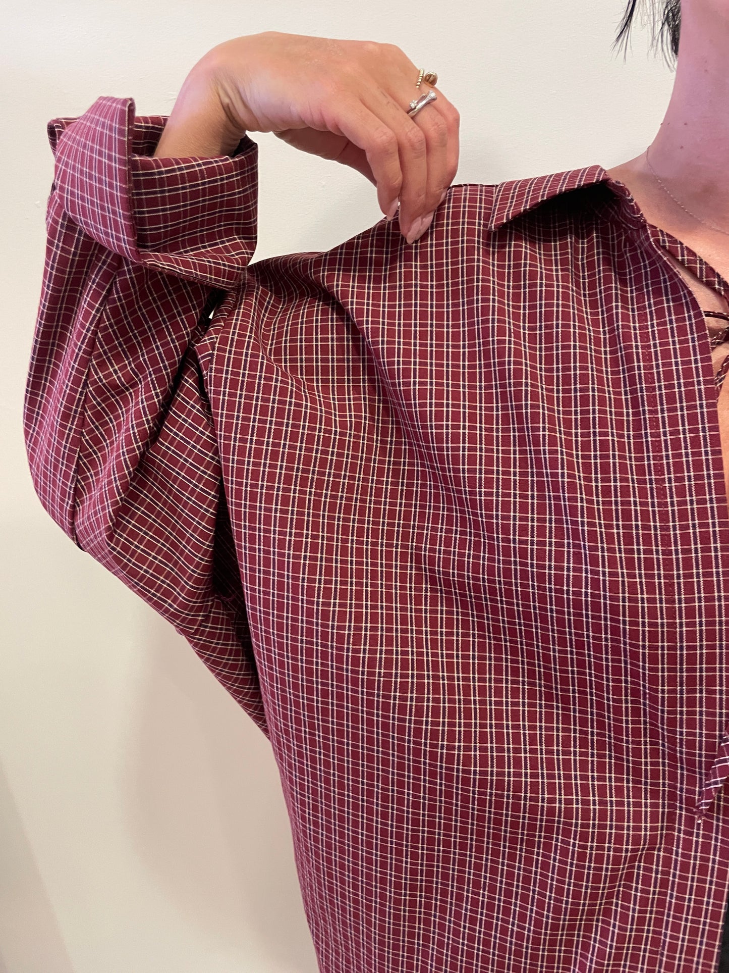VICOLO - Camicia over con laccetto e top in tartan in misto cotone color tegola e blu