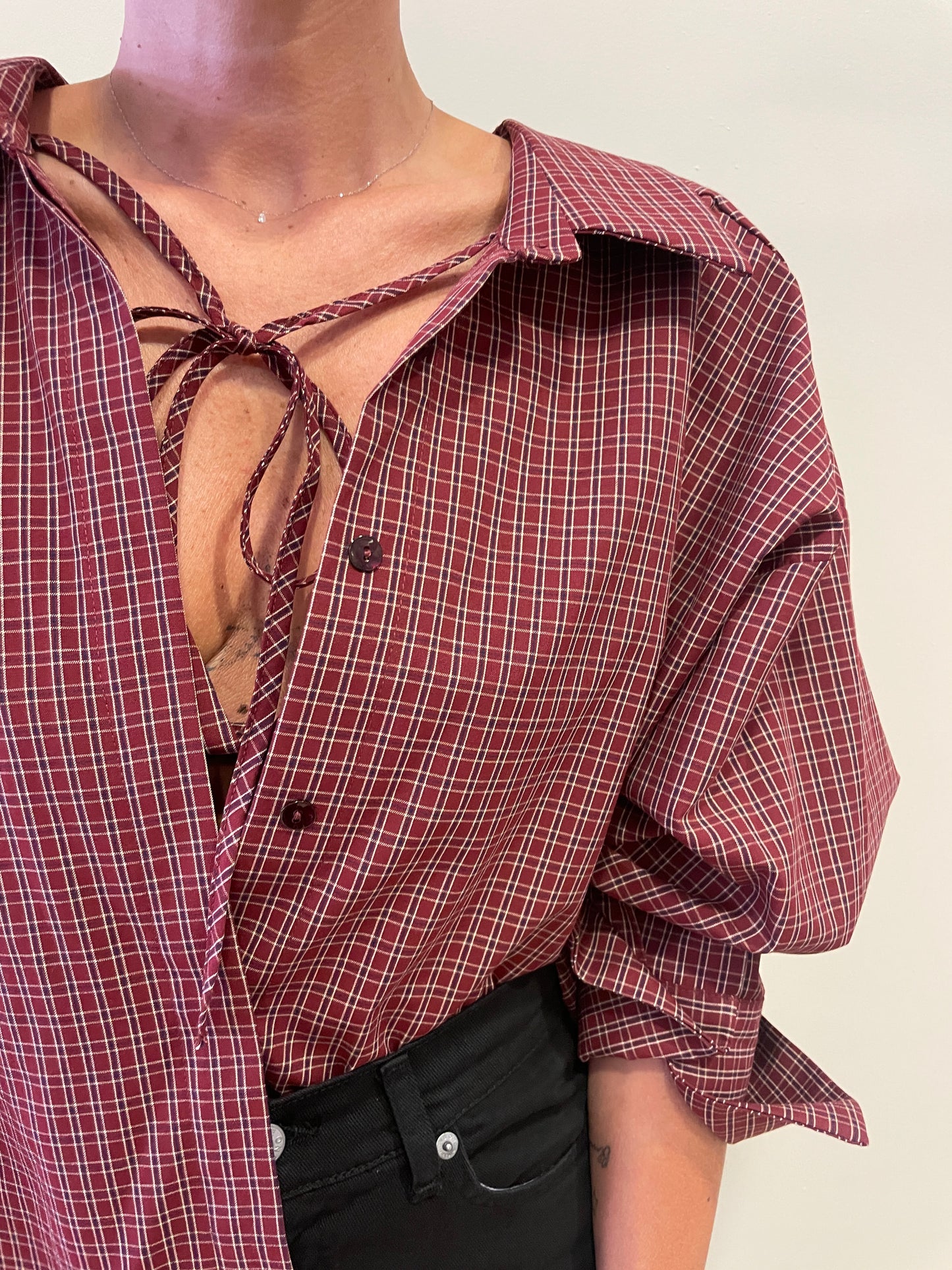 VICOLO - Camicia over con laccetto e top in tartan in misto cotone color tegola e blu