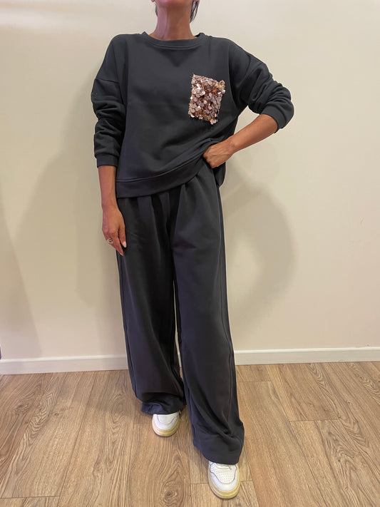 SUSY MIX - Pantalone con elastico in misto cotone barrel fit color piombo