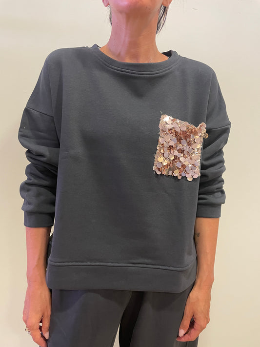 SUSY MIX - Felpa con girocollo in misto cotone con dettaglio tasca in paillettes color piombo