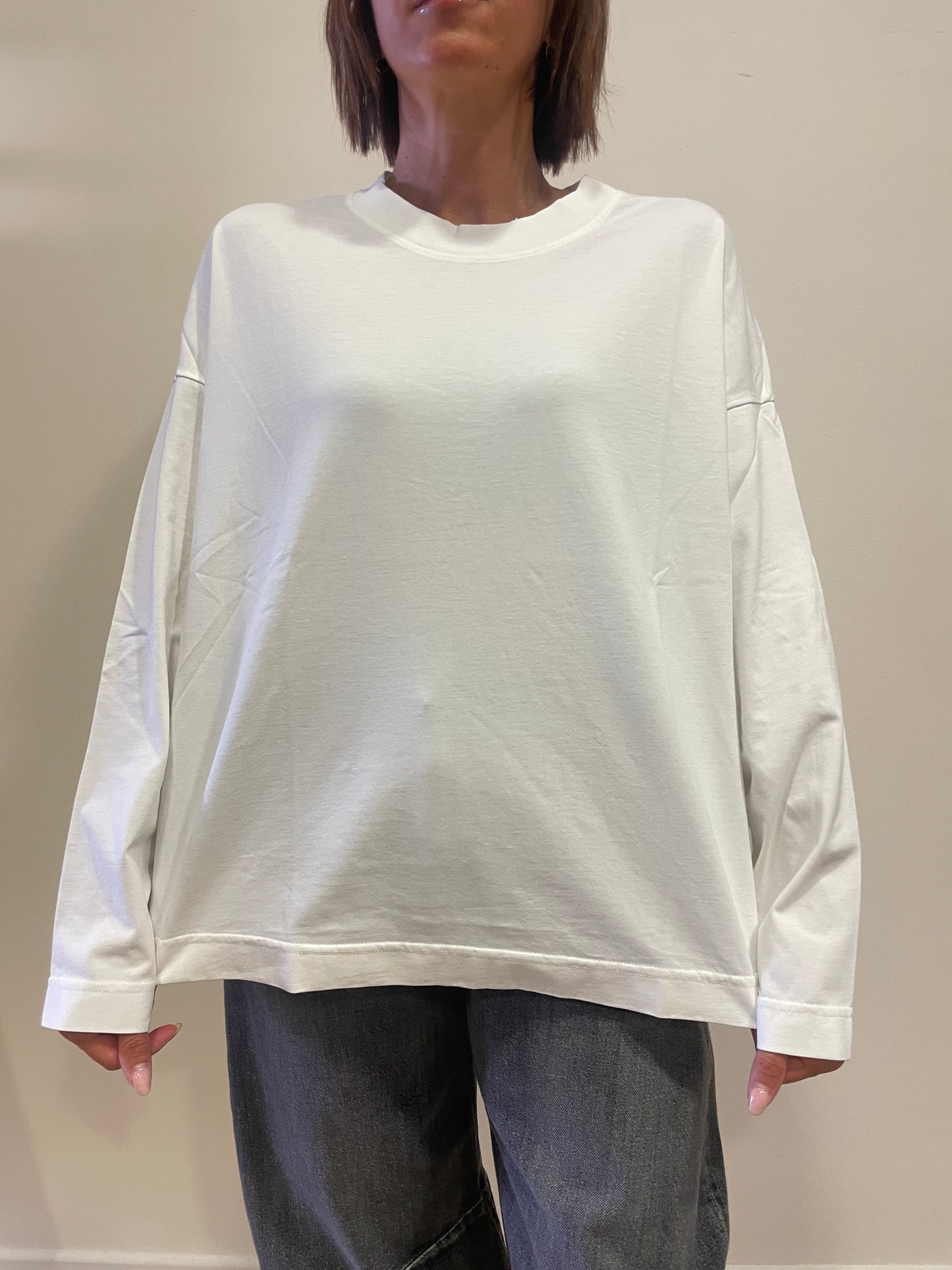 HAVEONE - T-shirt girocollo a maniche lunghe in cotone color panna - più colori