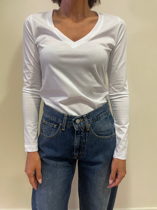 SOUVENIR - Maglia a maniche lunghe con scollo a V in cotone color bianco