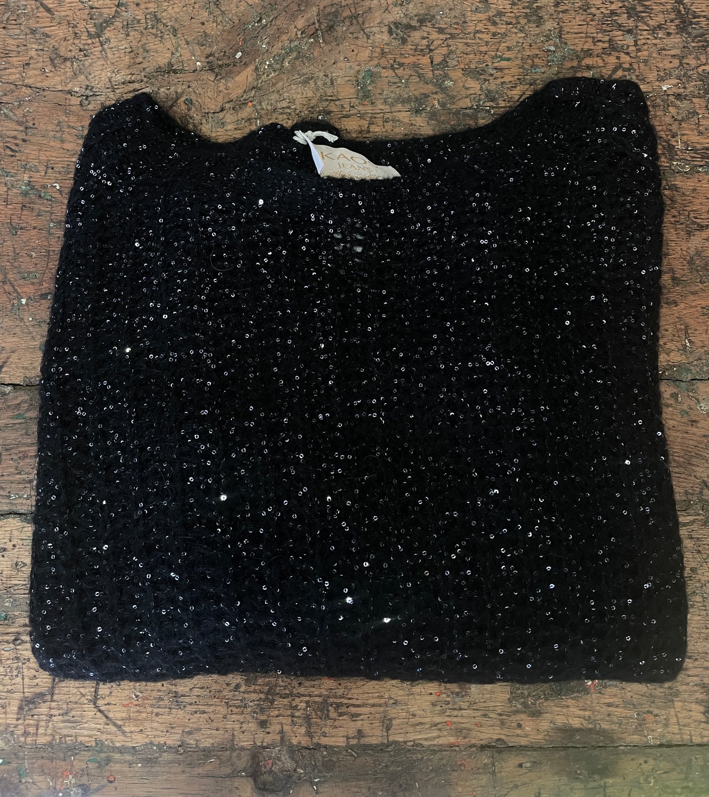 KAOS - Maglioncino a girocollo in misto lana e mohair traforato con paillettes color tiffany - più colori