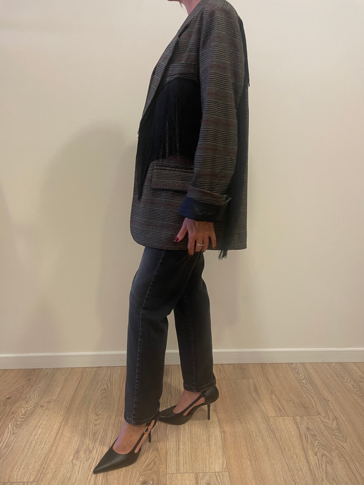 LUMINA - Blazer in tartan con frange nere color ruggine