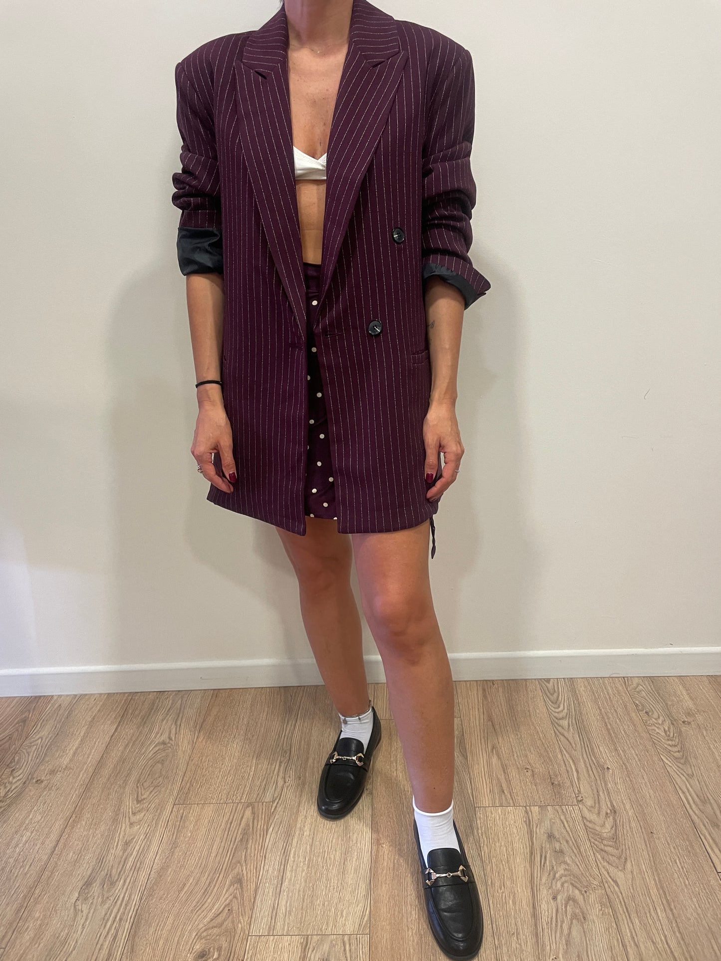 LUMINA - Blazer oversize gessato a doppiopetto color bourdeaux