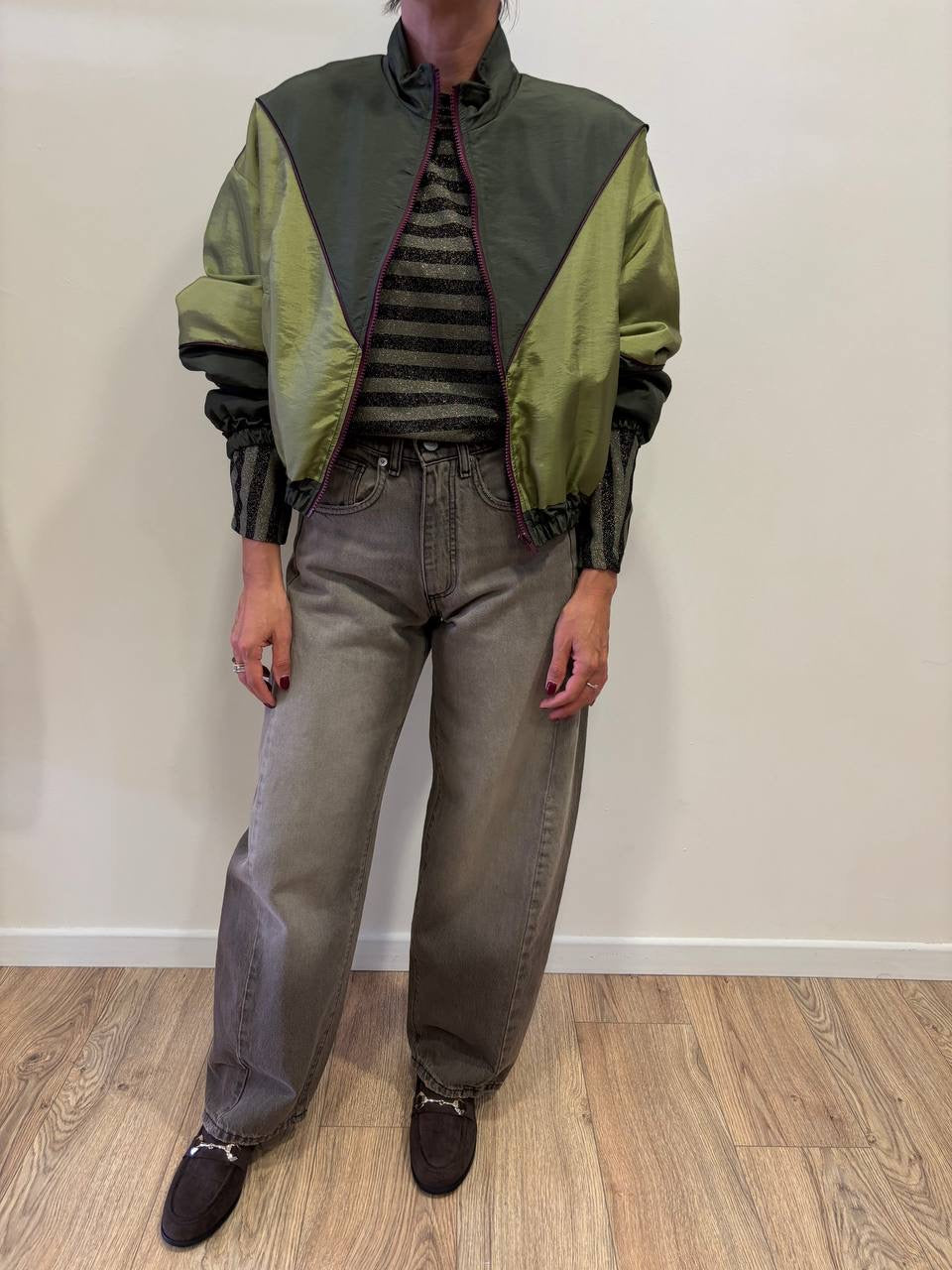 HAVEONE - Bomber verde militare e olio con chiusura con zip color vino