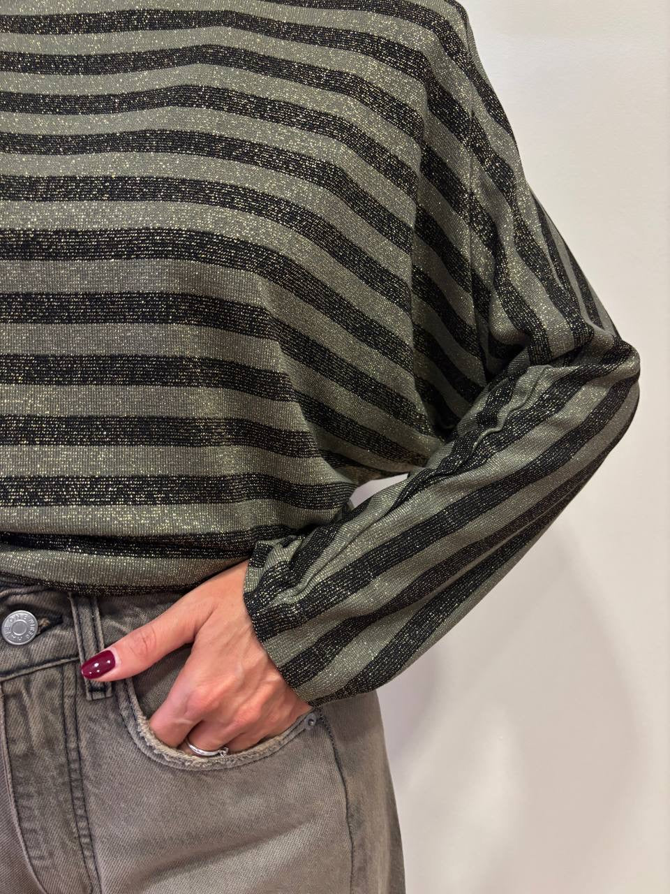 SOUVENIR - Maglia a girocollo verde a righe in lurex con spallucce