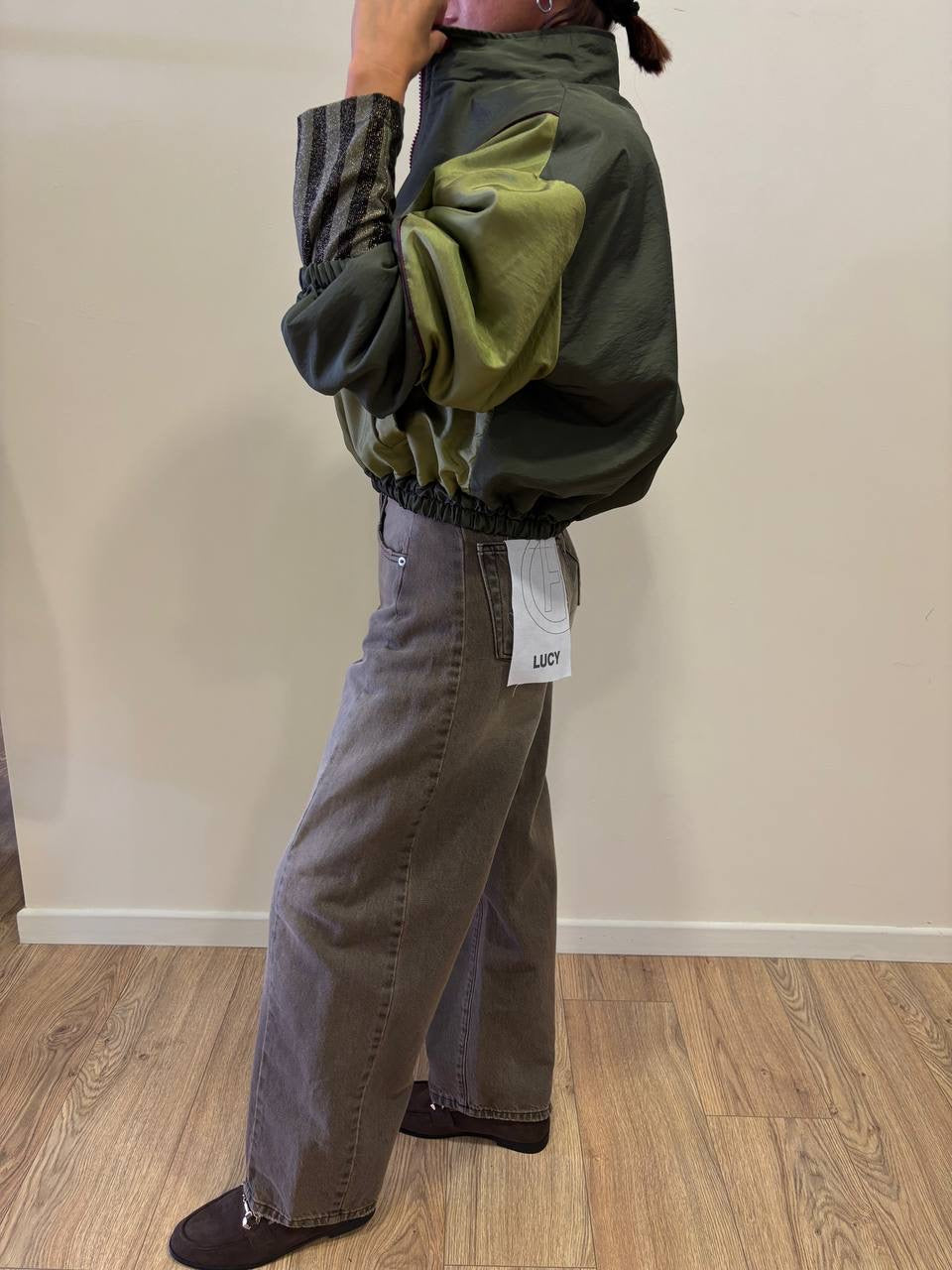 HAVEONE - Bomber verde militare e olio con chiusura con zip color vino