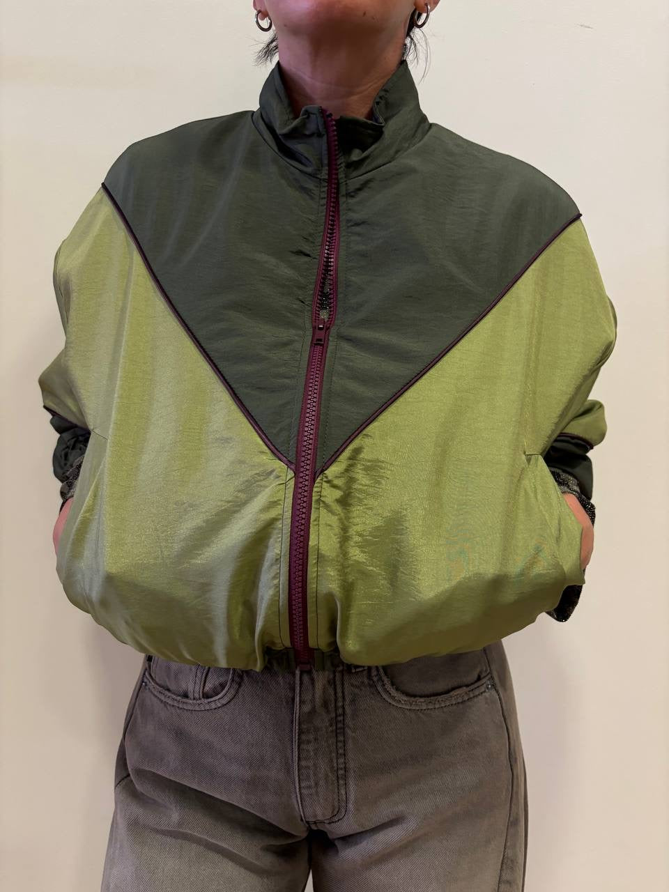 HAVEONE - Bomber verde militare e olio con chiusura con zip color vino