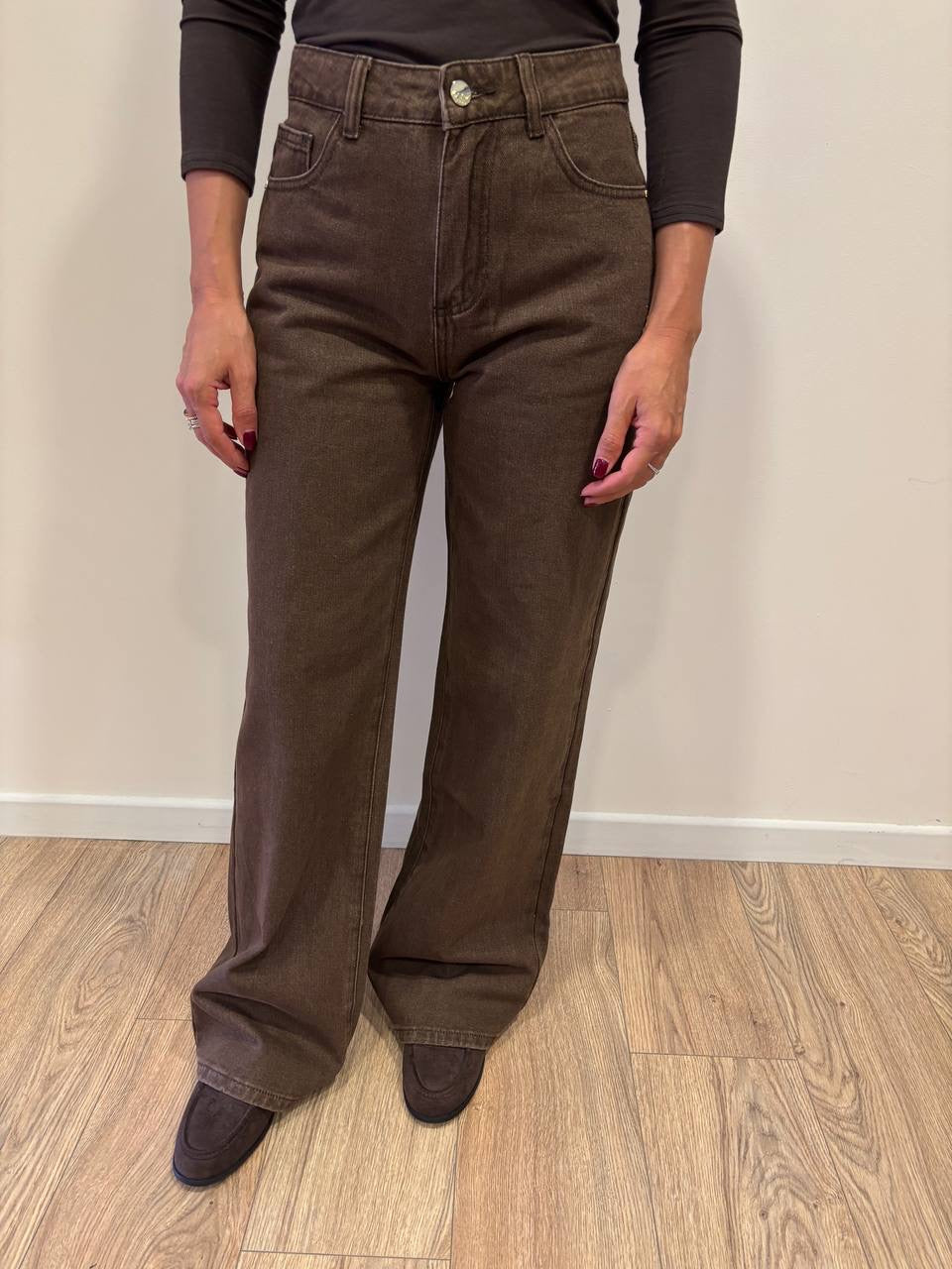 KAOS - Jeans a palazzo dritto a vita alta color caffè