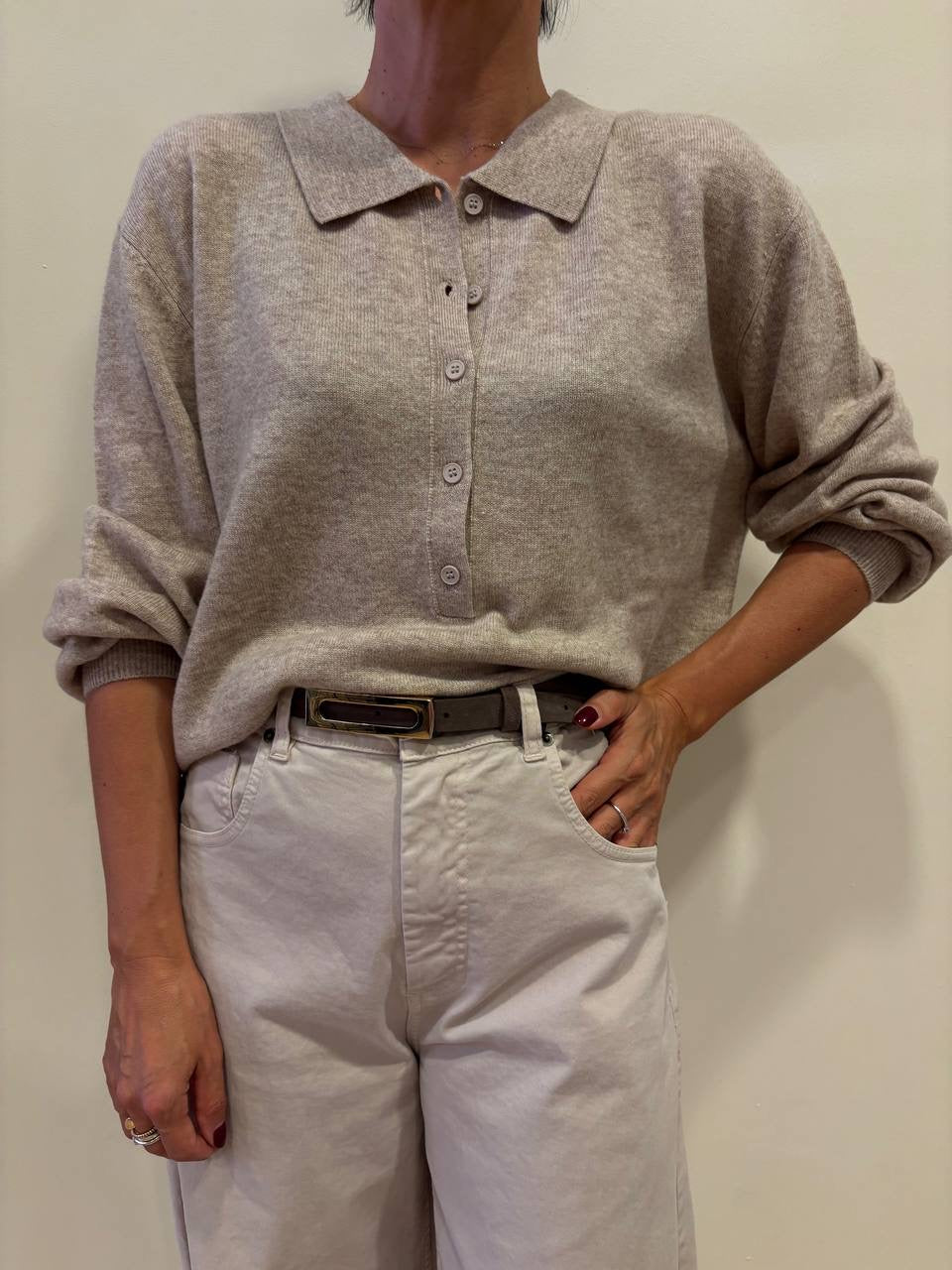 SOUVENIR - Polo con colletto e bottoni 100% lana color nocciola