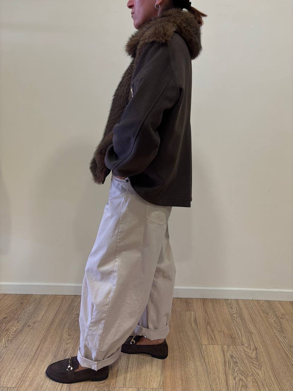 KAOS - Bomber color moro con pelliccia e colletto con chiusura con zip