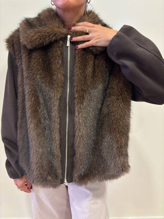 KAOS - Bomber color moro con pelliccia e colletto con chiusura con zip