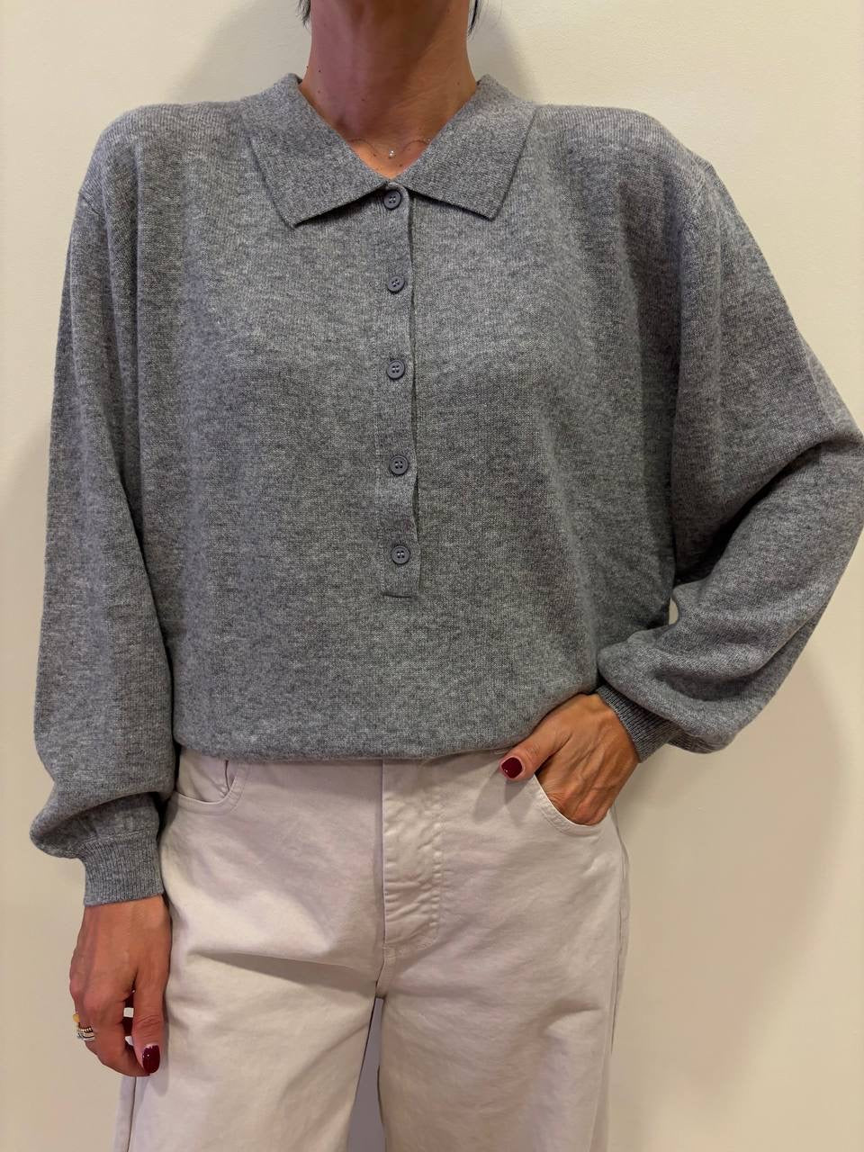 SOUVENIR - Polo con colletto e bottoni 100% lana color grigio