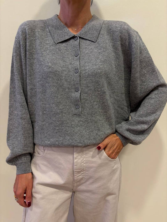 SOUVENIR - Polo con colletto e bottoni 100% lana color grigio