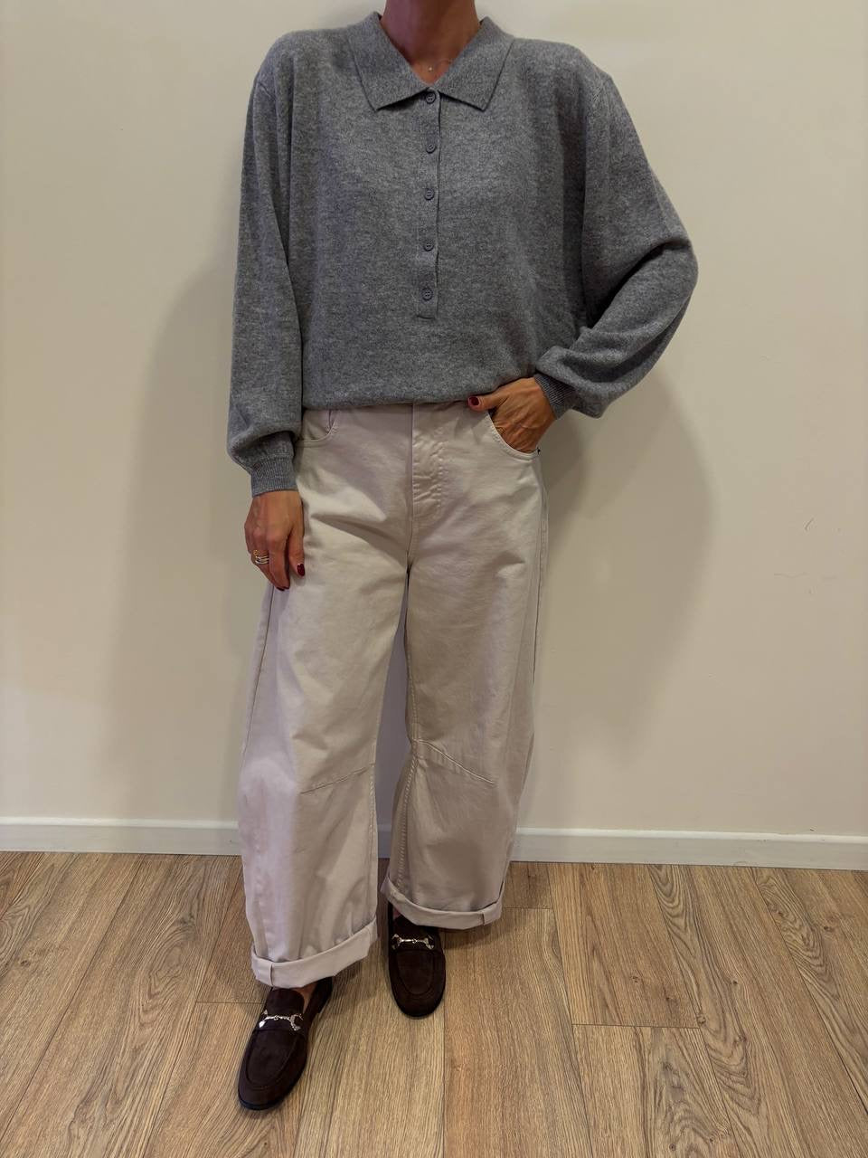 SOUVENIR - Polo con colletto e bottoni 100% lana color grigio