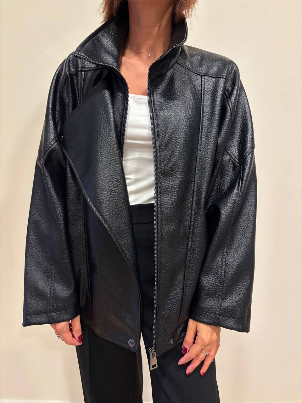 HAVEONE - Bomber in ecopelle goffrata nera con zip e bottone