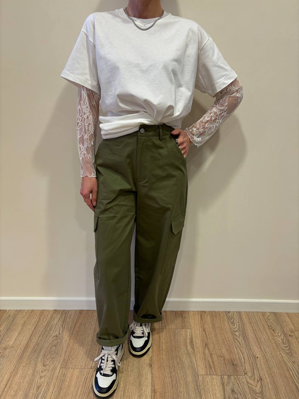 HAVEONE - T-shirt over in cotone con dettaglio maniche in pizzo