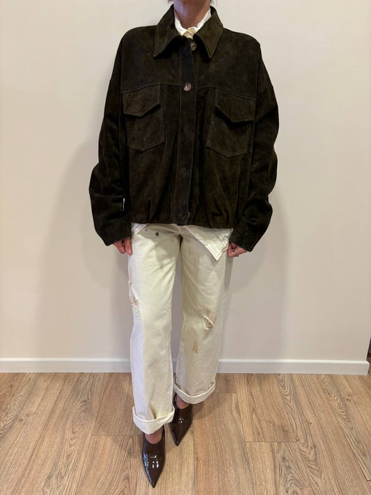 VICOLO - Bomber in vera pelle verde militare con tasche frontali e bottoni