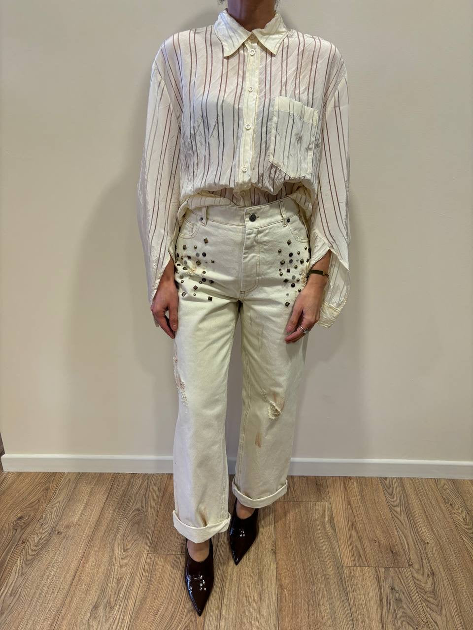 SOUVENIR - Camicia over a righe burro con collana removibile