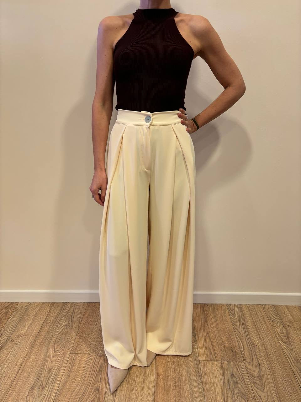 SAIPH - Pantalone a palazzo fluido con pinces ed elastico giallo pastello