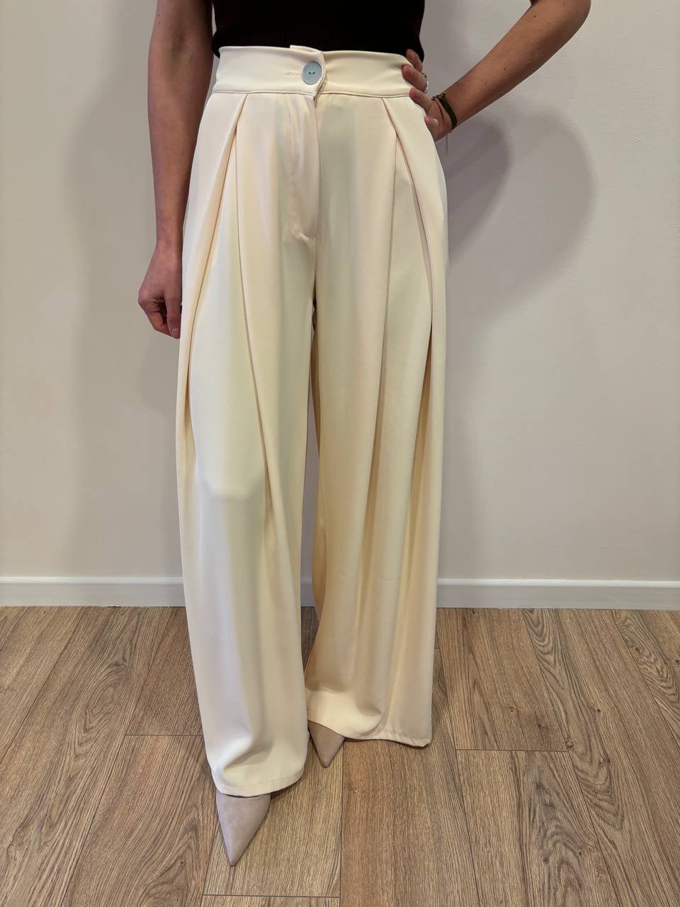 SAIPH - Pantalone a palazzo fluido con pinces ed elastico giallo pastello