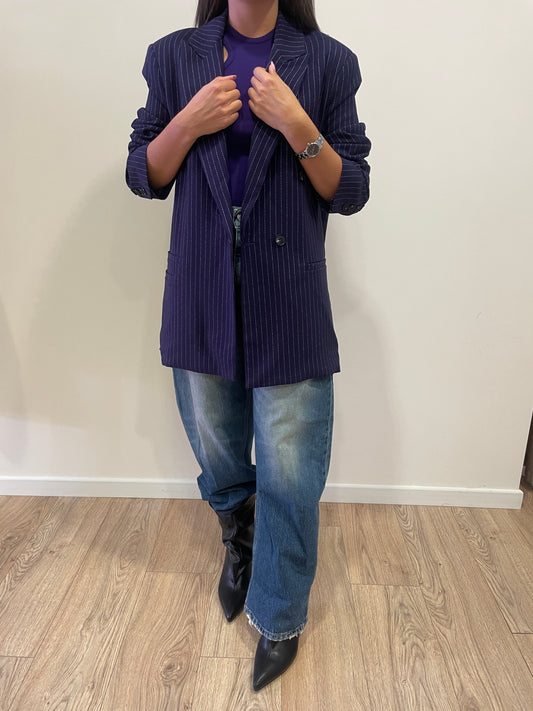 LUMINA - Blazer oversize gessato a doppiopetto color blu/viola