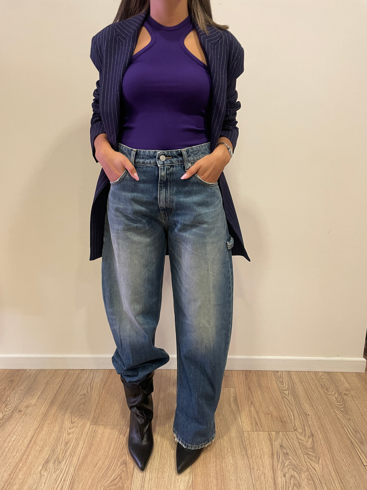 LUMINA - Blazer oversize gessato a doppiopetto color blu/viola