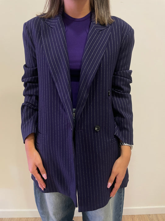 LUMINA - Blazer oversize gessato a doppiopetto color blu/viola