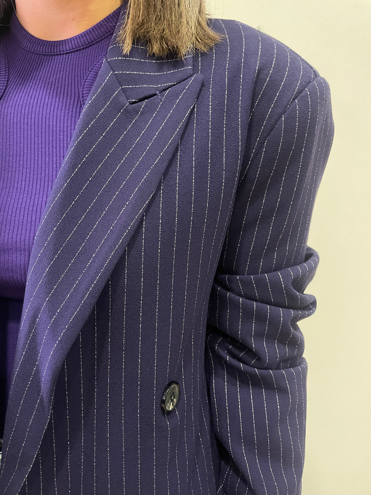 LUMINA - Blazer oversize gessato a doppiopetto color blu/viola