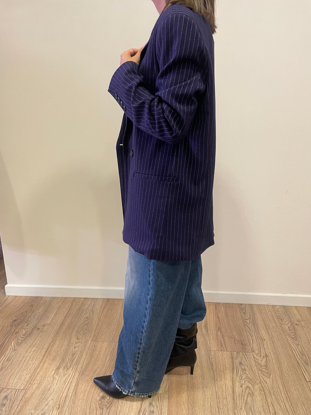 LUMINA - Blazer oversize gessato a doppiopetto color blu/viola