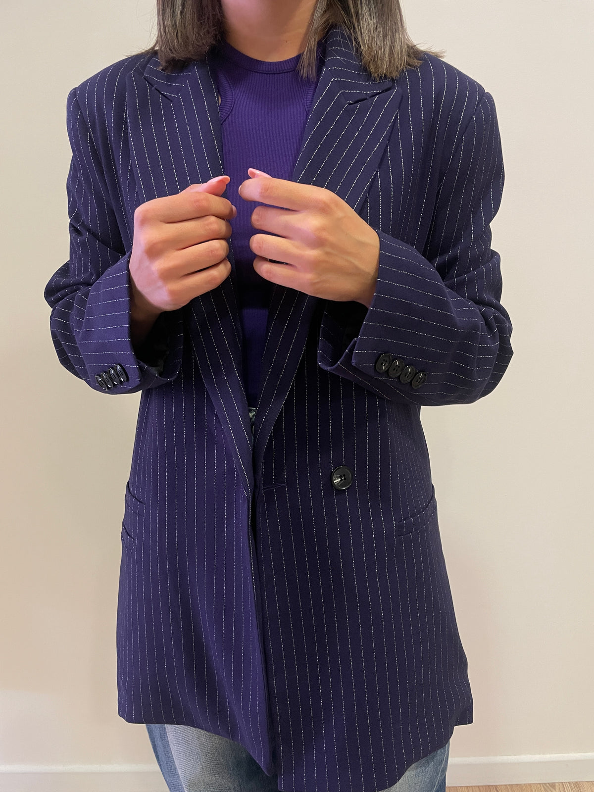 LUMINA - Blazer oversize gessato a doppiopetto color blu/viola