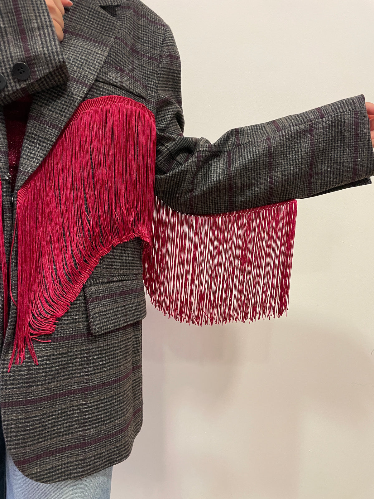 LUMINA - Blazer in tartan con frange rosse color ruggine