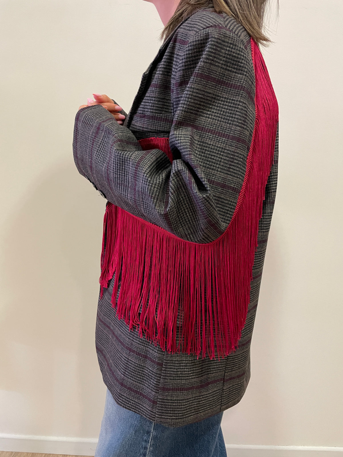 LUMINA - Blazer in tartan con frange rosse color ruggine