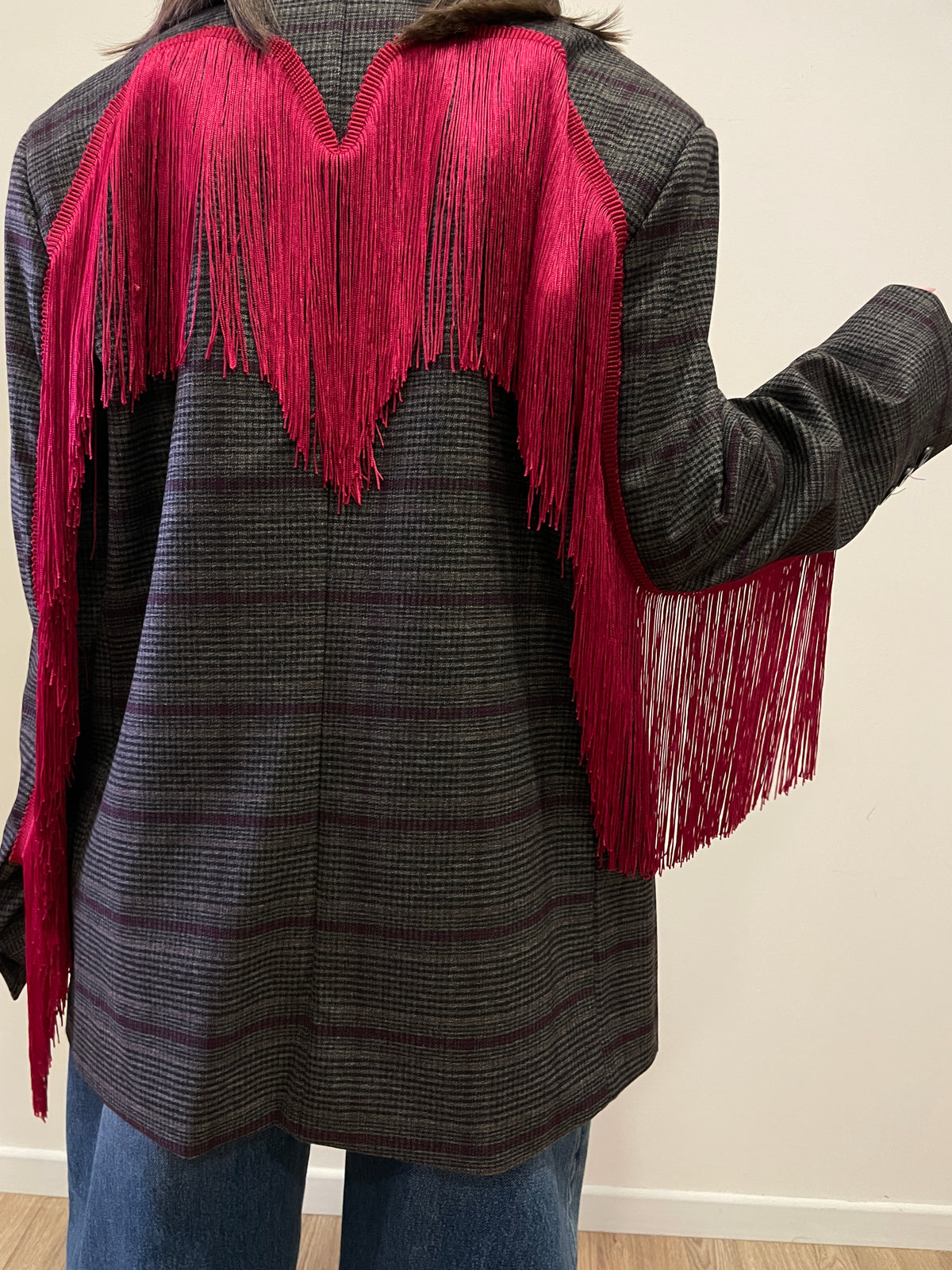 LUMINA - Blazer in tartan con frange rosse color ruggine