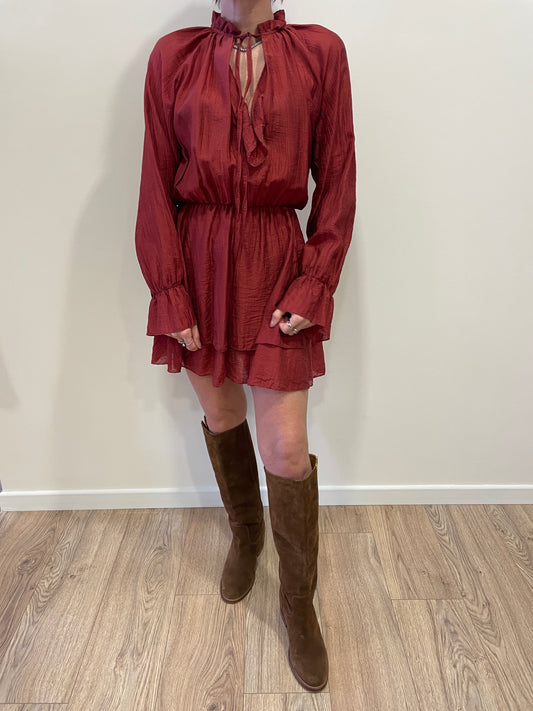 SAIPH - Abito corto color aragosta con volant e laccetto