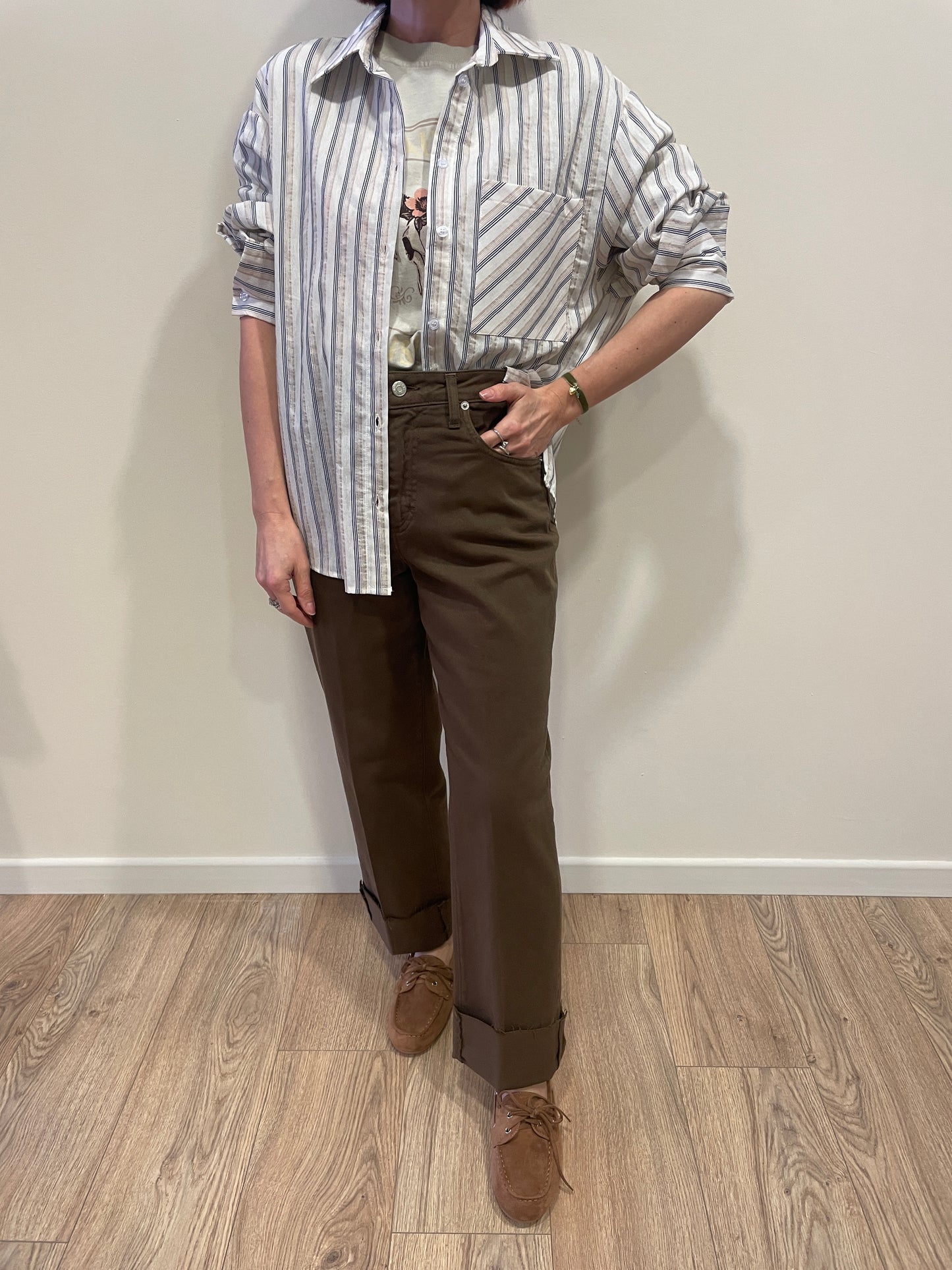 HAVEONE - Camicia a righe avorio e nero con tasca frontale