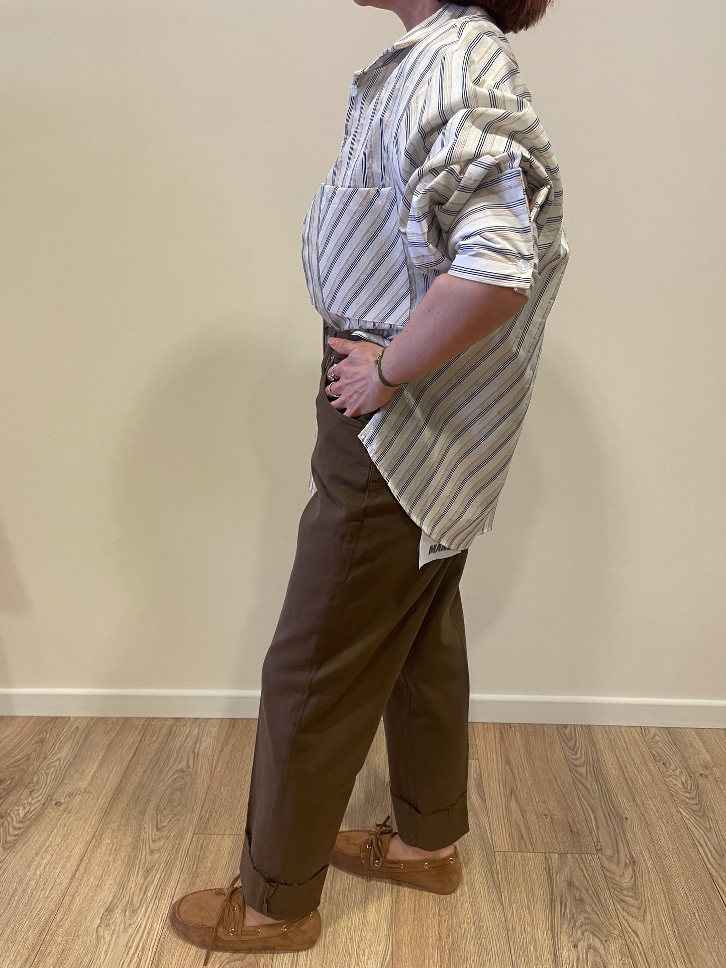 HAVEONE - Camicia a righe avorio e nero con tasca frontale