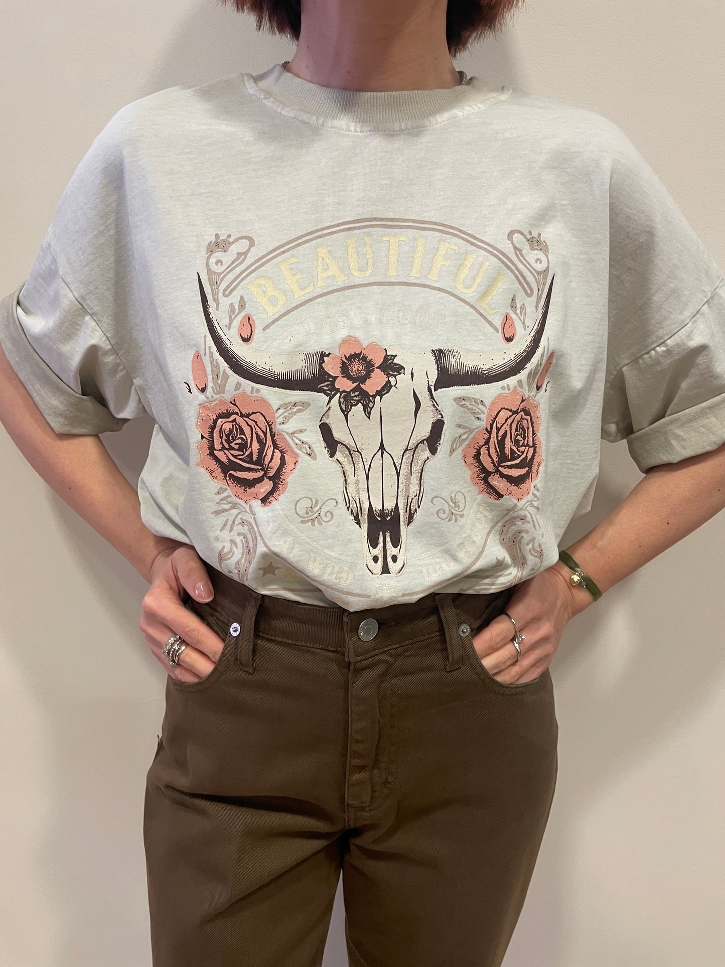 HAVEONE - T-shirt over color crema con stampa