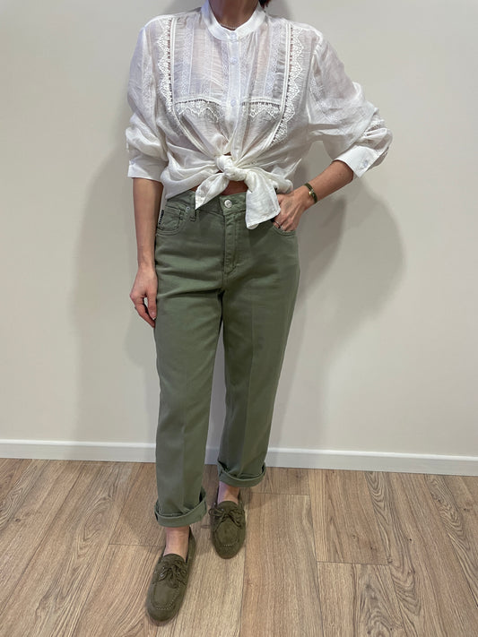 HAVEONE - Jeans Mandy verde salvia elasticizzato con cintura e risvolto