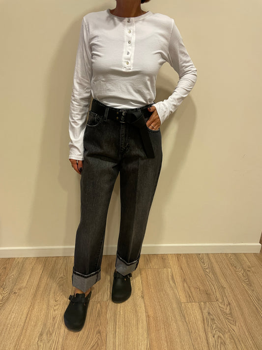 HAVEONE - Jeans Mandy a vita medio-alta con cintura e risvolto color nero lavagna