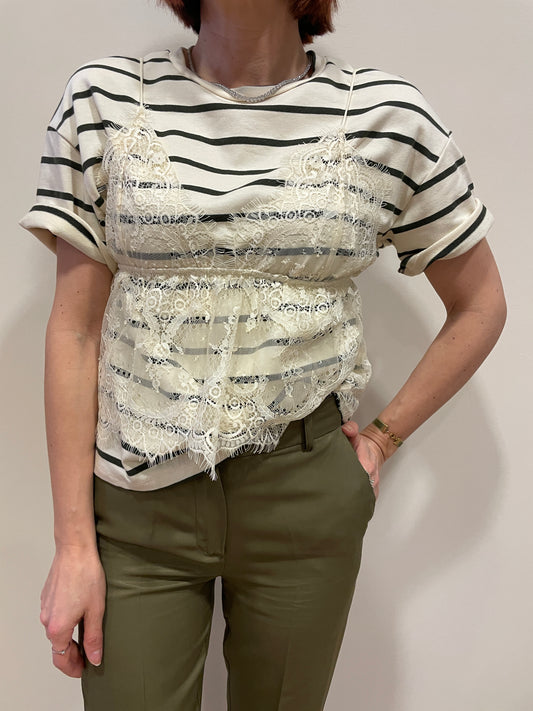 HAVEONE - T-shirt in felpa a righe burro e verde con top in pizzo rimovibile