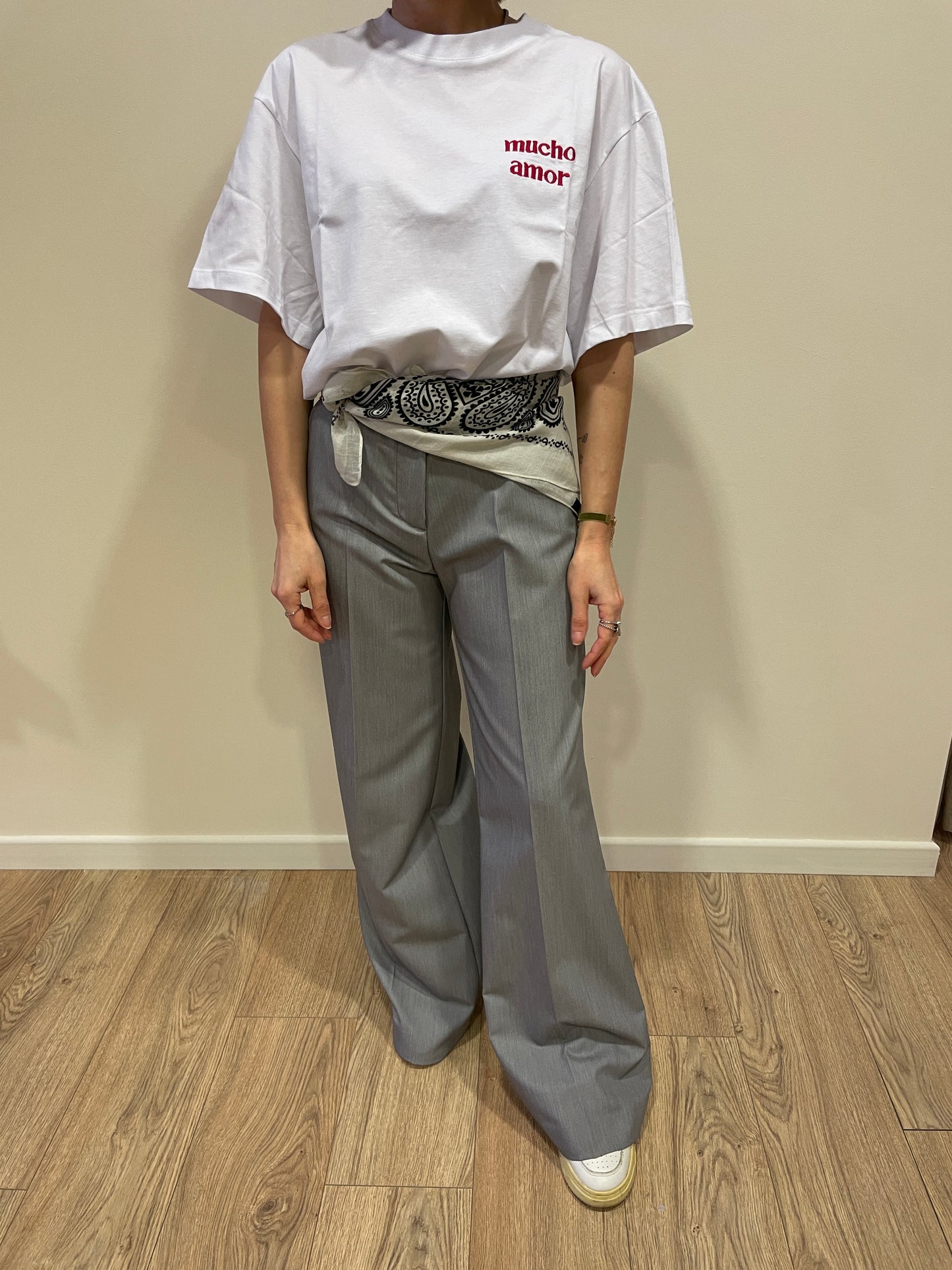 HAVEONE - Pantalone a palazzo grigio perla a vita alta