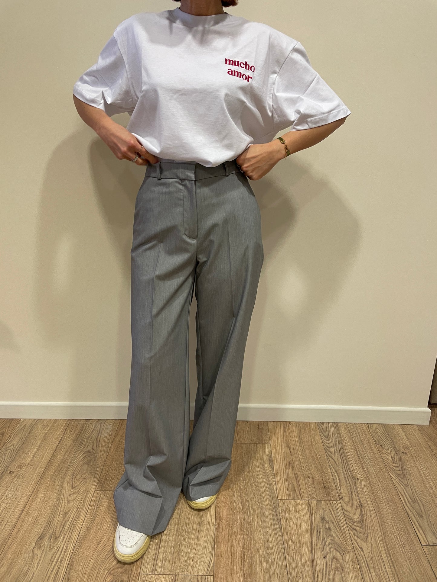 HAVEONE - Pantalone a palazzo grigio perla a vita alta