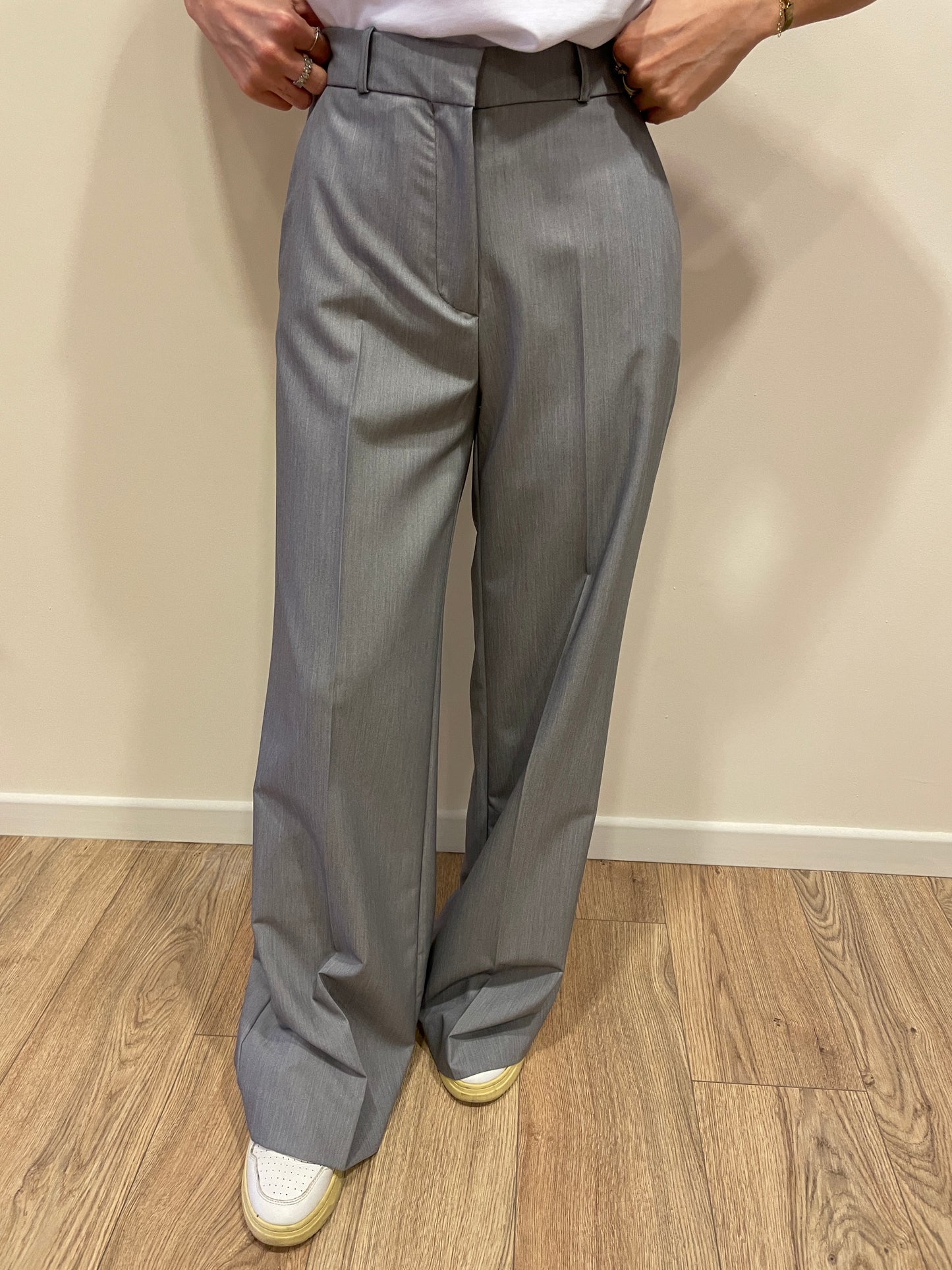 HAVEONE - Pantalone a palazzo grigio perla a vita alta