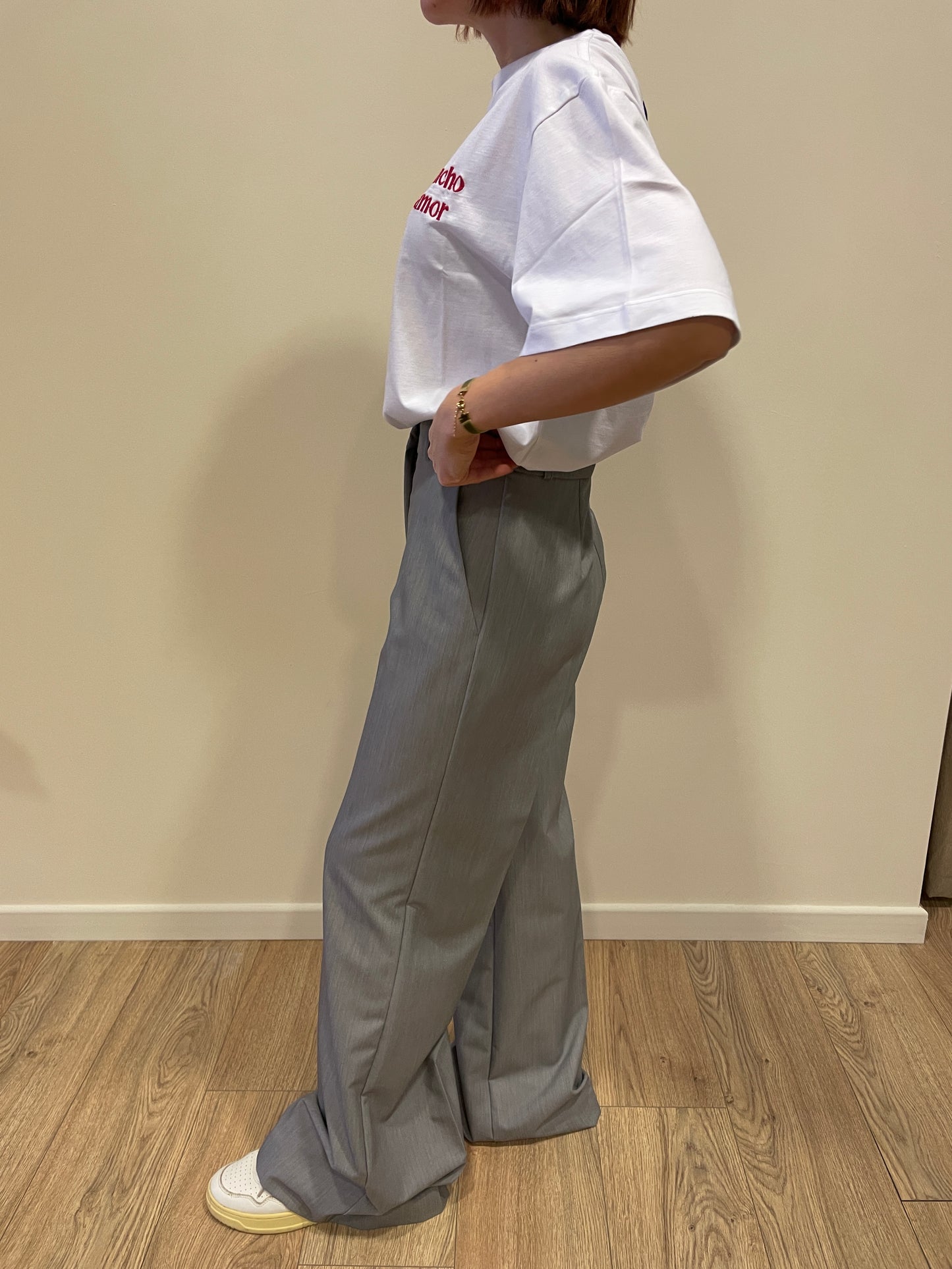 HAVEONE - Pantalone a palazzo grigio perla a vita alta