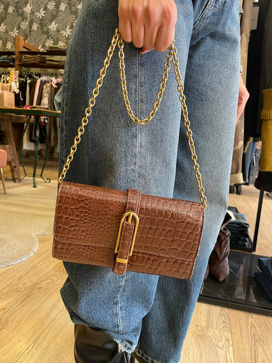 VICOLO - Borsa Shibuya belted bag con tracolla a catena pitonata e verniciata color moka