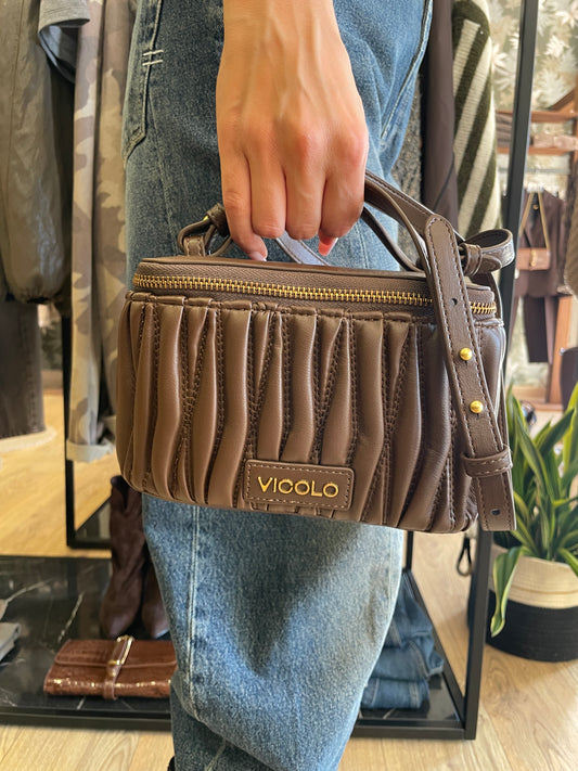 VICOLO - Borsa Charlotte a mano con tracolla in ecopelle color moka